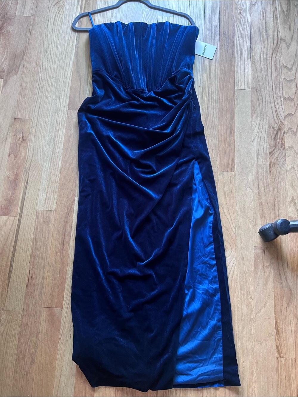 Bardot Strapless Velvet Dress in Navy Blue